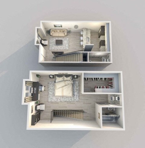 Floor plan for 1 bed, 1.5 baths, 732 sqft